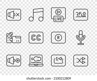 Set line Speaker volume, Arrow shuffle, Live stream, Sound or audio recorder, mute, Subtitles, Repeat track music player and Microphone icon. Vector