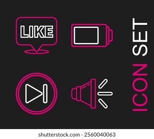 Set line Speaker volume, Fast forward, Battery charge level indicator and Like speech bubble icon. Vector