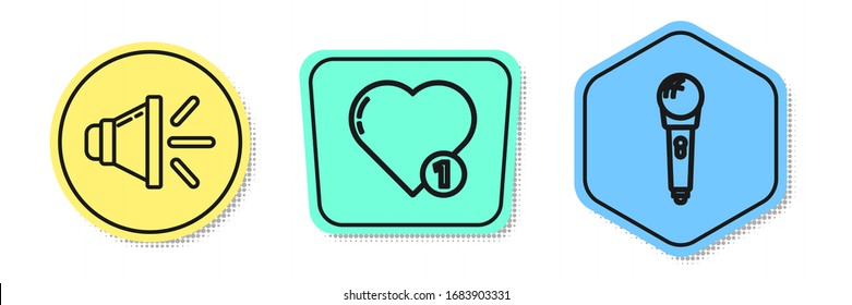 Set line Speaker volume, Like and heart and Microphone. Colored shapes. Vector