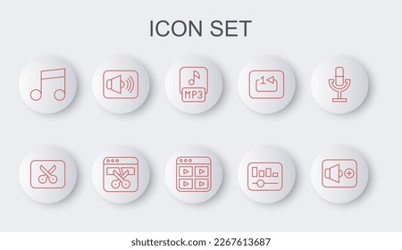 Set line Speaker volume, Music or video editing, MP3 file, equalizer, note, tone, Video recorder editor and playlist icon. Vector