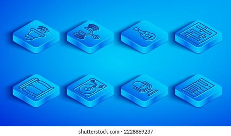Set line Speaker volume, Musical tuning fork, Guitar, Vinyl player with vinyl disk, Microphone, Sound mixer controller, Drum and Grand piano icon. Vector