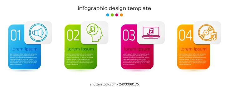Set line Speaker volume, Musical note in human head, Laptop with music note and Vinyl disk. Business infographic template. Vector