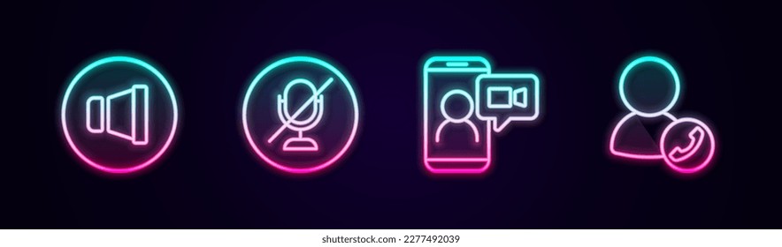 Set line Speaker volume, Mute microphone, Video chat conference and . Glowing neon icon. Vector