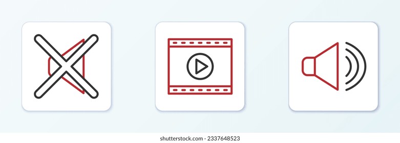 Set line Speaker volume, mute and Online play video icon. Vector