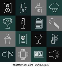 Set line Speaker volume, Thermometer, Key, Information desk, Glass of champagne, Trophy cup, Stereo speaker and Clipboard with document icon. Vector