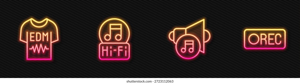 Volumen del altavoz, camiseta, nota musical, tono y Botón de grabación. Icono de neón brillante. Vector