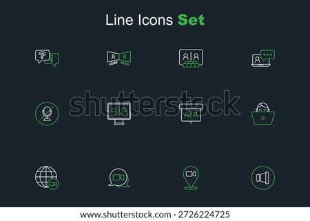 Set line Speaker volume, Video chat conference, Freelancer,  and Mute microphone icon. Vector