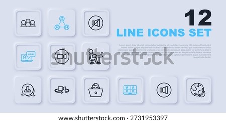 Set line Speaker volume, Video chat conference, 360 degree view, Meeting and Freelancer icon. Vector