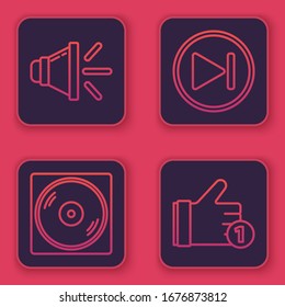 Set line Speaker volume, Vinyl disk, Fast forward and Hand like. Blue square button. Vector
