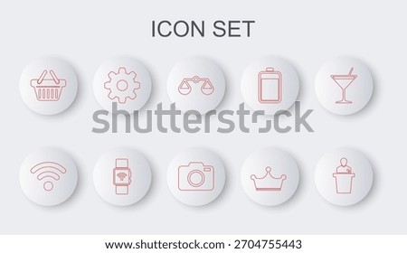 Set line Speaker, Wi-Fi wireless network, Scales of justice, Crown, Shopping basket, Cogwheel gear settings, Smartwatch with and Photo camera icon. Vector