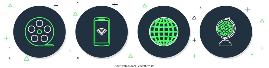 Establecer altavoces de línea, globo terráqueo, Smartphone con e ícono de bandeja de entrada de Descarga. Vector