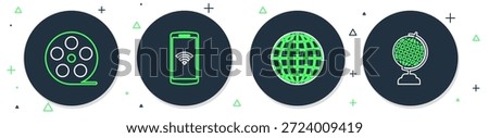 Set line speakers, Earth globe, Smartphone with and Download inbox icon. Vector