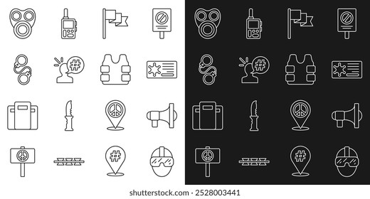 Set line Special forces soldier, Megaphone, Police badge, Location marker, Protest, Handcuffs, Gas mask and Bulletproof vest icon. Vector