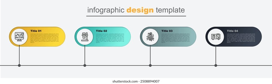 Espectrómetro de línea de set, bacterias, frasco de tubo de ensayo en soporte y modificación de ingeniería genética. Plantilla de infografía de negocios. Vector