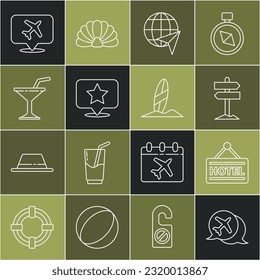Set line Speech bubble with airplane, Signboard text Hotel, Road traffic signpost, Globe flying, Map pointer star, Martini glass,  and Surfboard icon. Vector