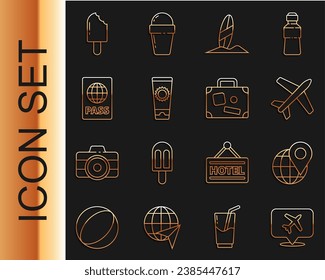 Set line Speech bubble with airplane, Location on the globe, Plane, Surfboard, Sunscreen cream in tube, Passport, Ice and Suitcase icon. Vector