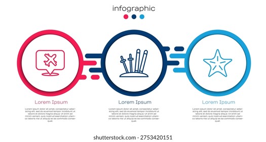 Set line Speech bubble with airplane, Ski and sticks and Starfish. Business infographic template. Vector