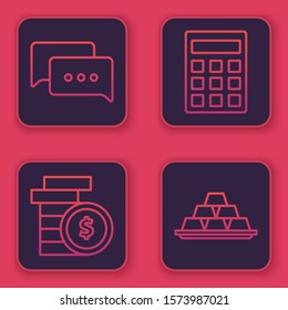 Set line Speech bubble chat, Coin money with dollar symbol, Calculator and Gold bars. Blue square button. Vector