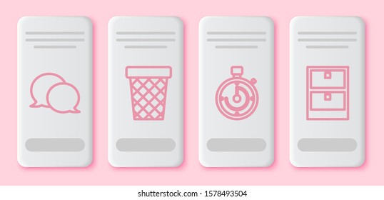 Set line Speech bubble chat, Trash can, Briefcase and Archive papers drawer. White rectangle button. Vector