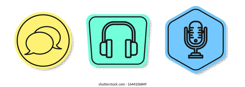 Set line Speech bubble chat, Headphones and Microphone. Colored shapes. Vector