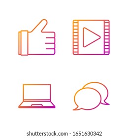Establecer línea de chat de burbujas de voz, portátil, me gusta la mano y reproducir vídeo. Iconos de color degradado. Vector