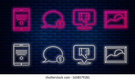 Set line Speech bubble chat, Dislike in speech bubble, Tablet and Picture landscape. Glowing neon icon on brick wall. Vector