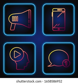 Establecer línea de chat de burbuja de voz, Responder con botón de juego, Megaphone y Smartphone, teléfono móvil. Iconos de color degradado. Vector