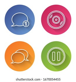 Set line Speech bubble chat, Vinyl disk, Speech bubble chat and Pause button. Color circle button. Vector