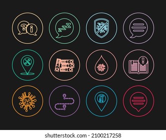 Set line Speech bubble chat, Interesting facts, Stop virus, bacteria, Office folders, Location service, Question and Exclamation, Dirty water drop and with snoring icon. Vector