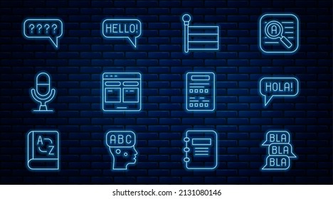 Set line Speech bubble chat, Hola in different languages, Flag, Online translator, Microphone voice device, bubbles with Question, Exam sheet and Hello icon. Vector