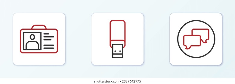 Establecer el chat de la burbuja de voz de línea, la insignia de identificación y el icono de la unidad flash USB. Vector