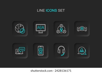 Establezca la línea Chat de burbujas de voz, auriculares, videoconferencia, película, proyector multimedia, reunión e icono. Vector