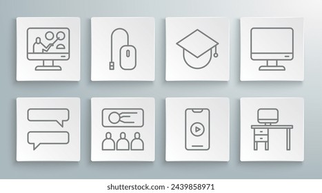 Set line Speech bubble chat, Computer mouse, Training, presentation, Online play video, monitor and desk, Graduation cap globe, screen and education icon. Vector