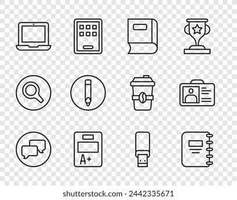 Juego de línea de habla de burbuja de chat, cuaderno, libro, hoja de examen con una calificación más, portátil, lápiz, unidad flash USB e icono de identificación. Vector