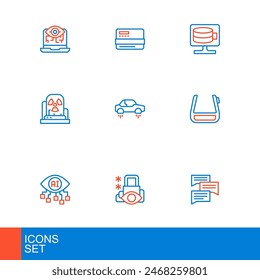 Set line Speech bubble chat, Cyber security, Computer vision, Smart glasses spectacles, Radioactive warning lamp, Fantastic flying car, Cloud database and Credit card icon. Vector