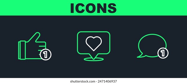 Set line Speech bubble chat, Hand like and Like heart icon. Vector