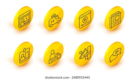 Set line Speech bubble chat, Radar, Television report, Journalist id card, News, Live stream, TV and Information icon. Vector