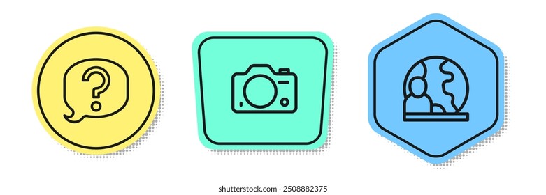 Set line Speech bubble chat, Photo camera and World news. Colored shapes. Vector