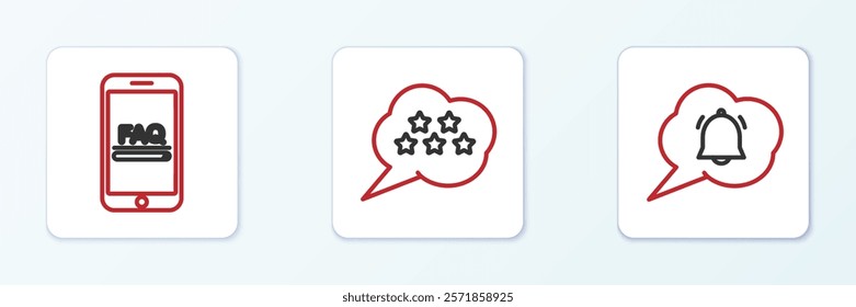 Set line Speech bubble chat notification, Mobile with FAQ information and Five stars rating review icon. Vector