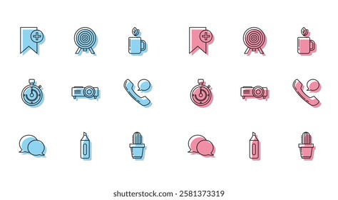 Set line Speech bubble chat, Marker pen, Bookmark, Cactus and succulent in pot, Presentation, movie, film, media projector, Telephone handset speech, Briefcase and Target icon. Vector