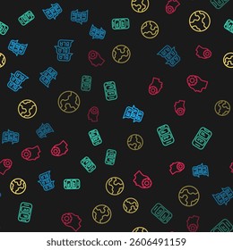 Set line Speech bubble chat, Online translator, Earth globe and Head with gear inside on seamless pattern. Vector