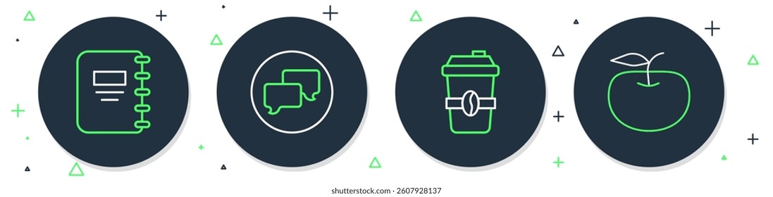 Set line Speech bubble chat, Coffee cup to go, Notebook and Apple icon. Vector