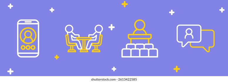 Set line Speech bubble chat, Speaker, Meeting and Video conference icon. Vector