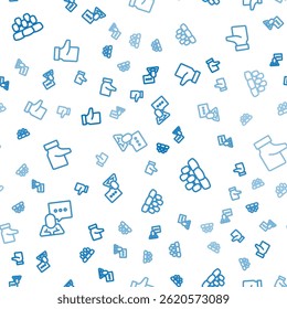 Set line Speech bubble chat, Project team base and Hand like on seamless pattern. Vector