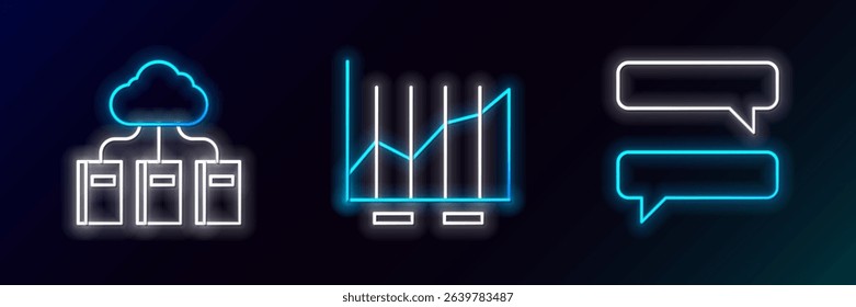 Set line Speech bubble chat, Cloud or online library and Pie chart infographic icon. Glowing neon. Vector