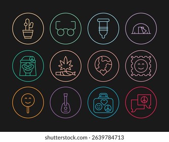 Set line Speech bubble chat, LSD acid mark, Condom, Marijuana joint, spliff, Hippie girl, Cactus, The heart world - love and Glasses icon. Vector