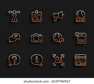 Set line Speech bubble chat, Information, Satellite, Television report, Photo camera,  and World news icon. Vector