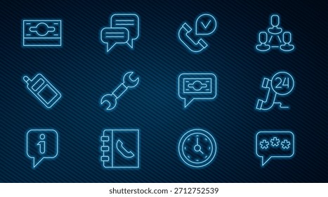 Chat de la burbuja del discurso, teléfono 24 horas de Asistencia, auricular, llave inglesa, móvil, dinero en efectivo de papel de las pilas, e icono. Vector