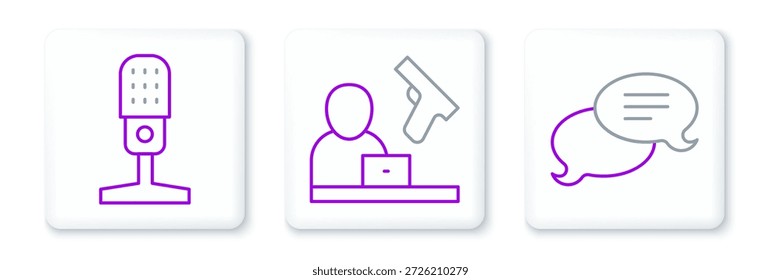 Establecer línea de chat de burbujas de voz, micrófono y el icono de noticias de crimen. Vector