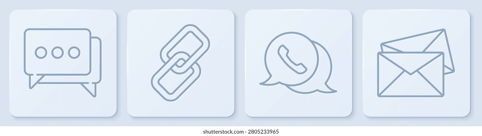 Set line Speech bubble chat, Telephone with speech bubble chat, Chain link and Envelope. White square button. Vector